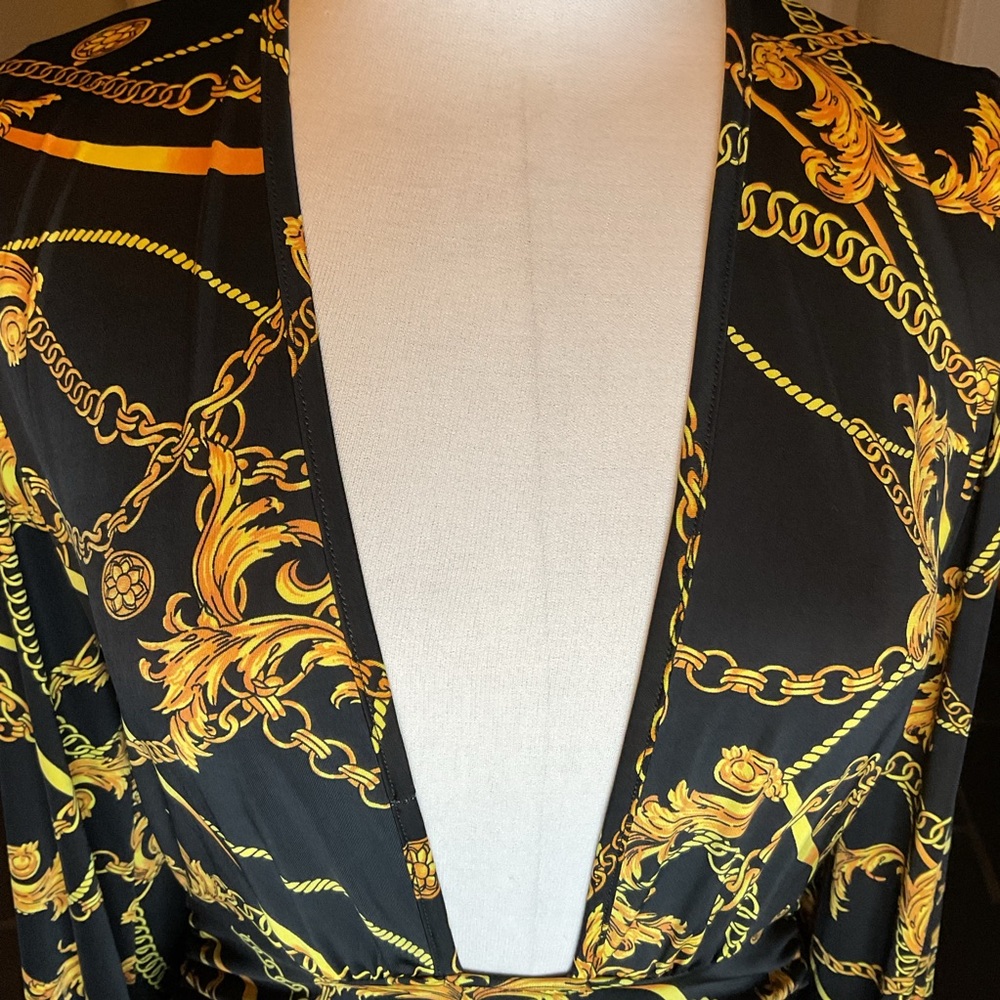 J Uptown Gold Chain Baroque Midi Dress Black Metallic Deep V-Neck Ruched Large - Picture 3 of 5